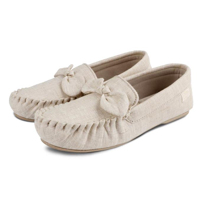 Isotoner® Ladies Linen Bow Moccasin Slipper Stone Extra Image 1